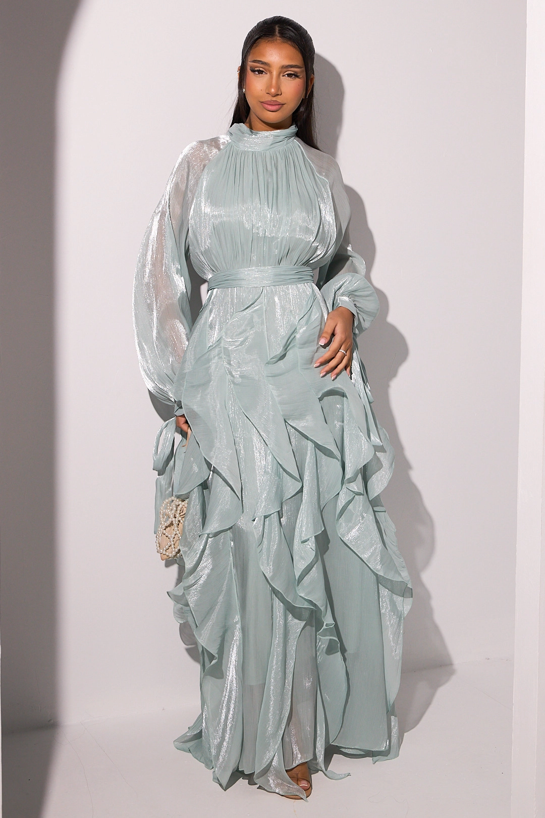 Robe longue à volants vert d'eau à manches longues