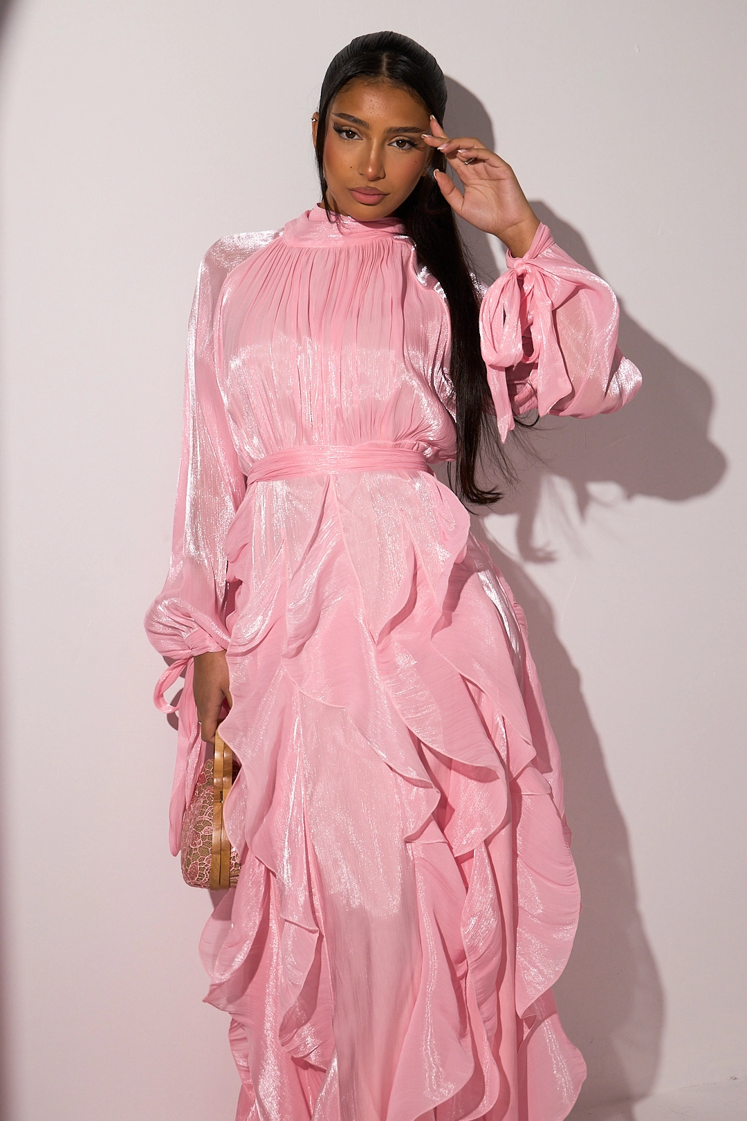 Robe longue à volants rose clair à manches longues