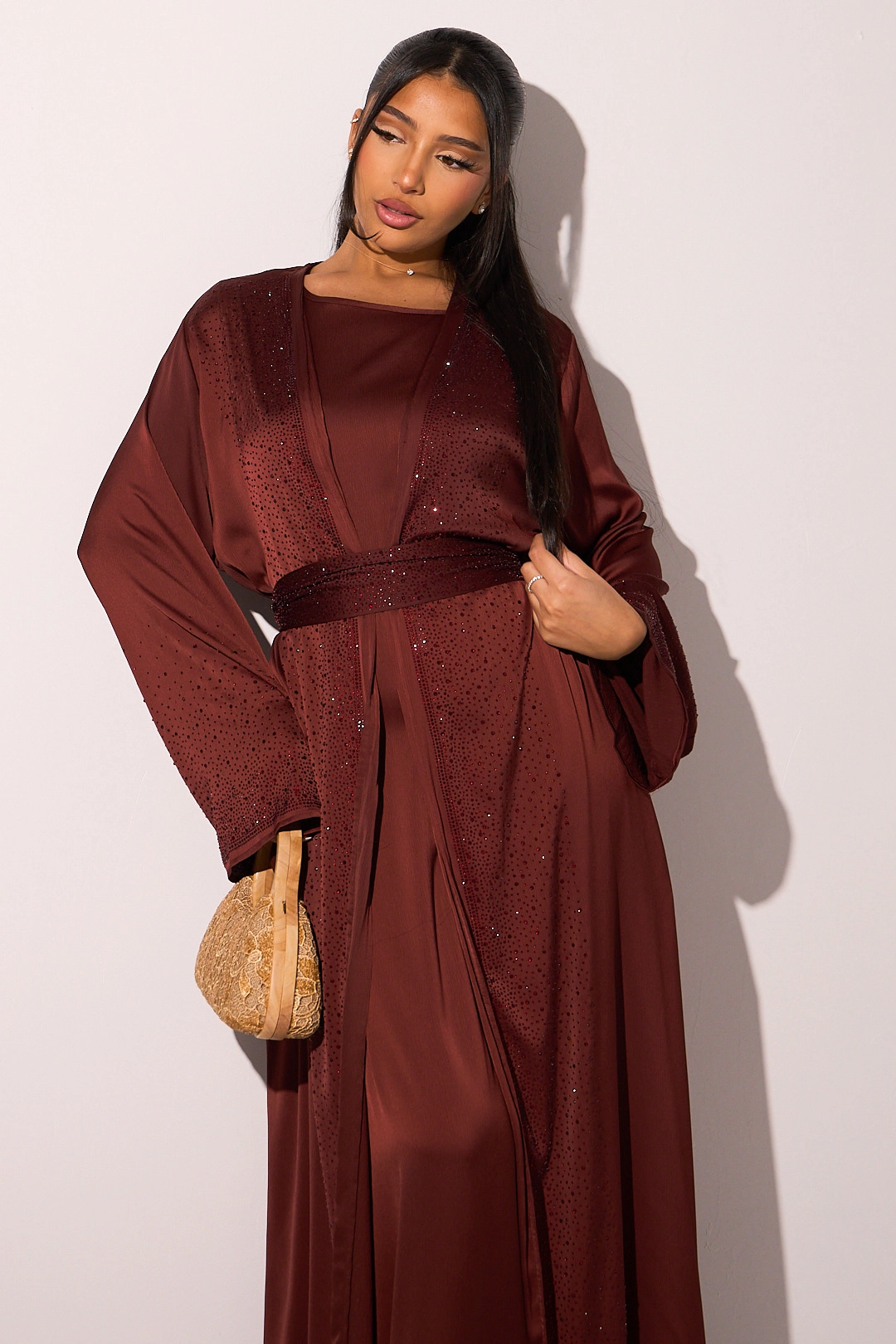 Ensemble couleur brique robe + kimono à strass