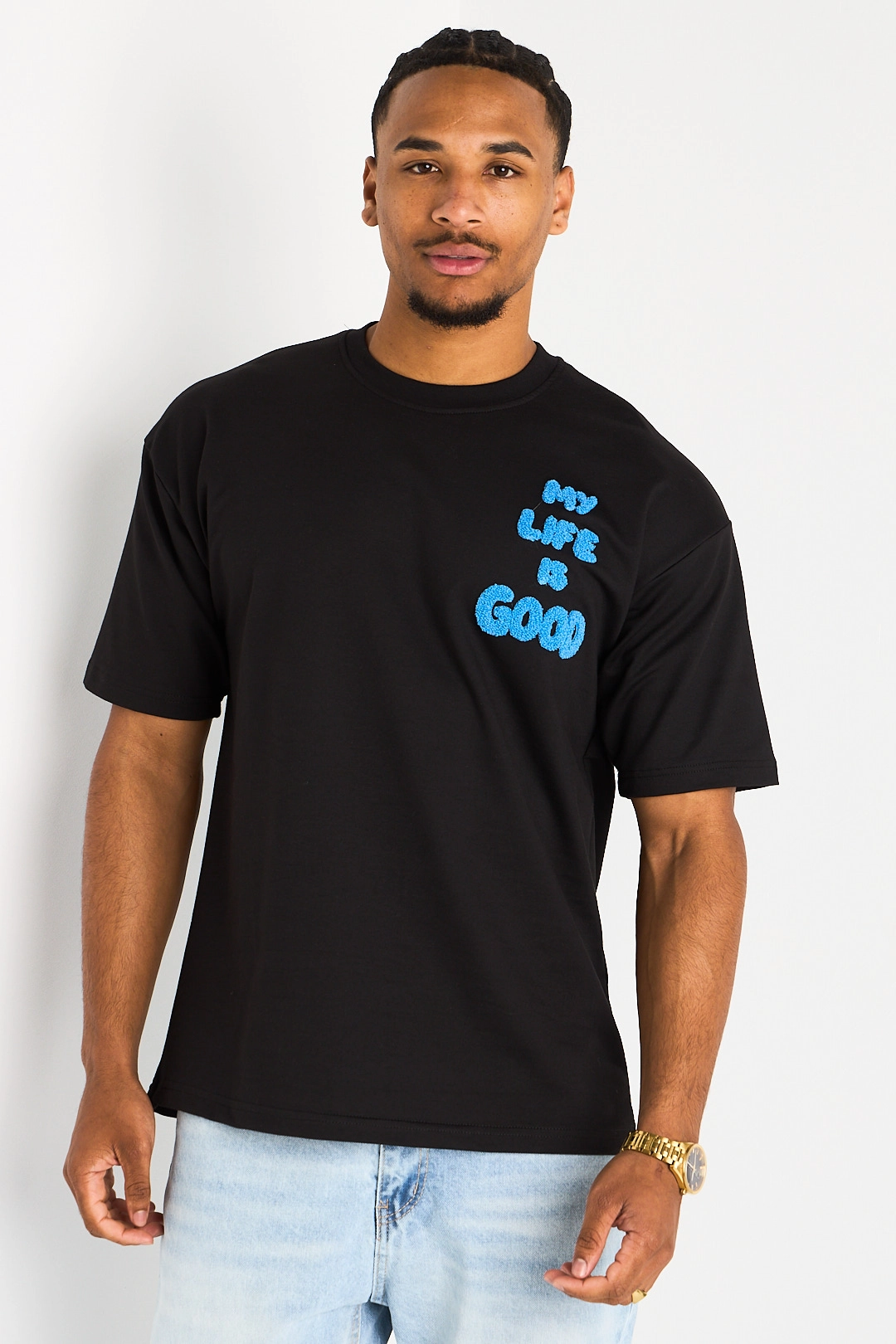 Tee-shirt noir broderie à la poitrine et dans le dos