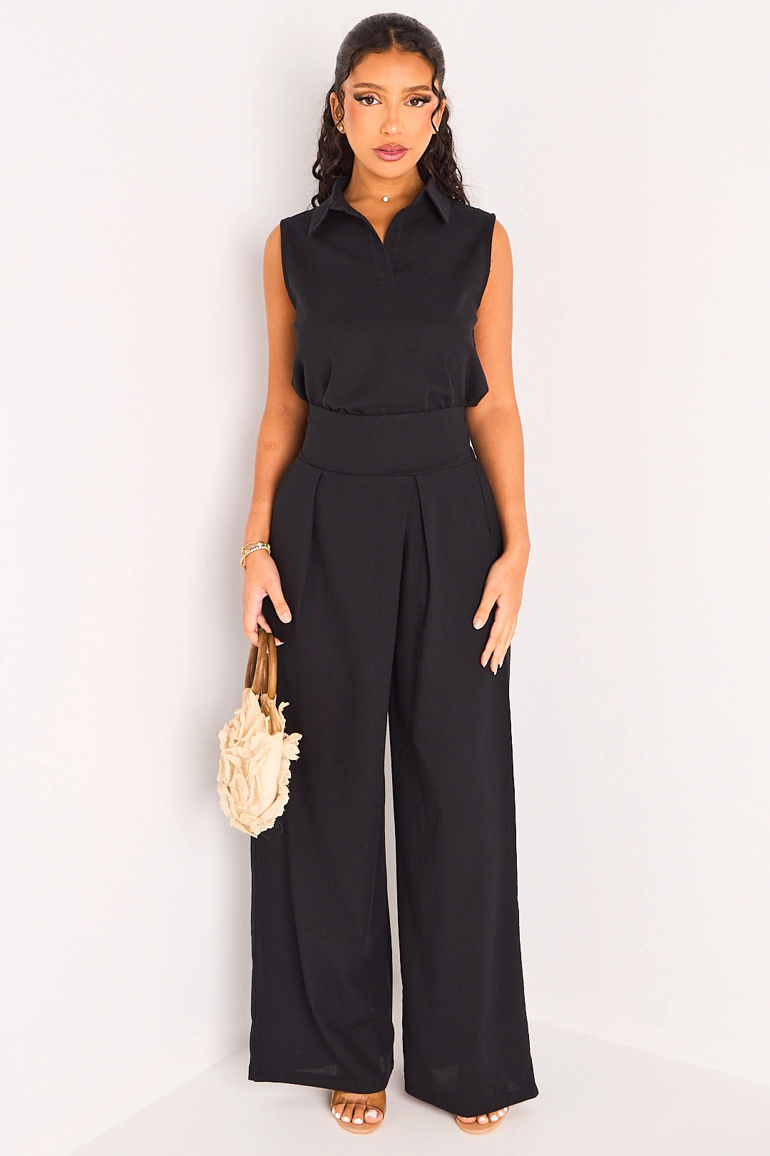 Ensemble deux pièces pantalon + débardeur de couleur noir à effet lin
