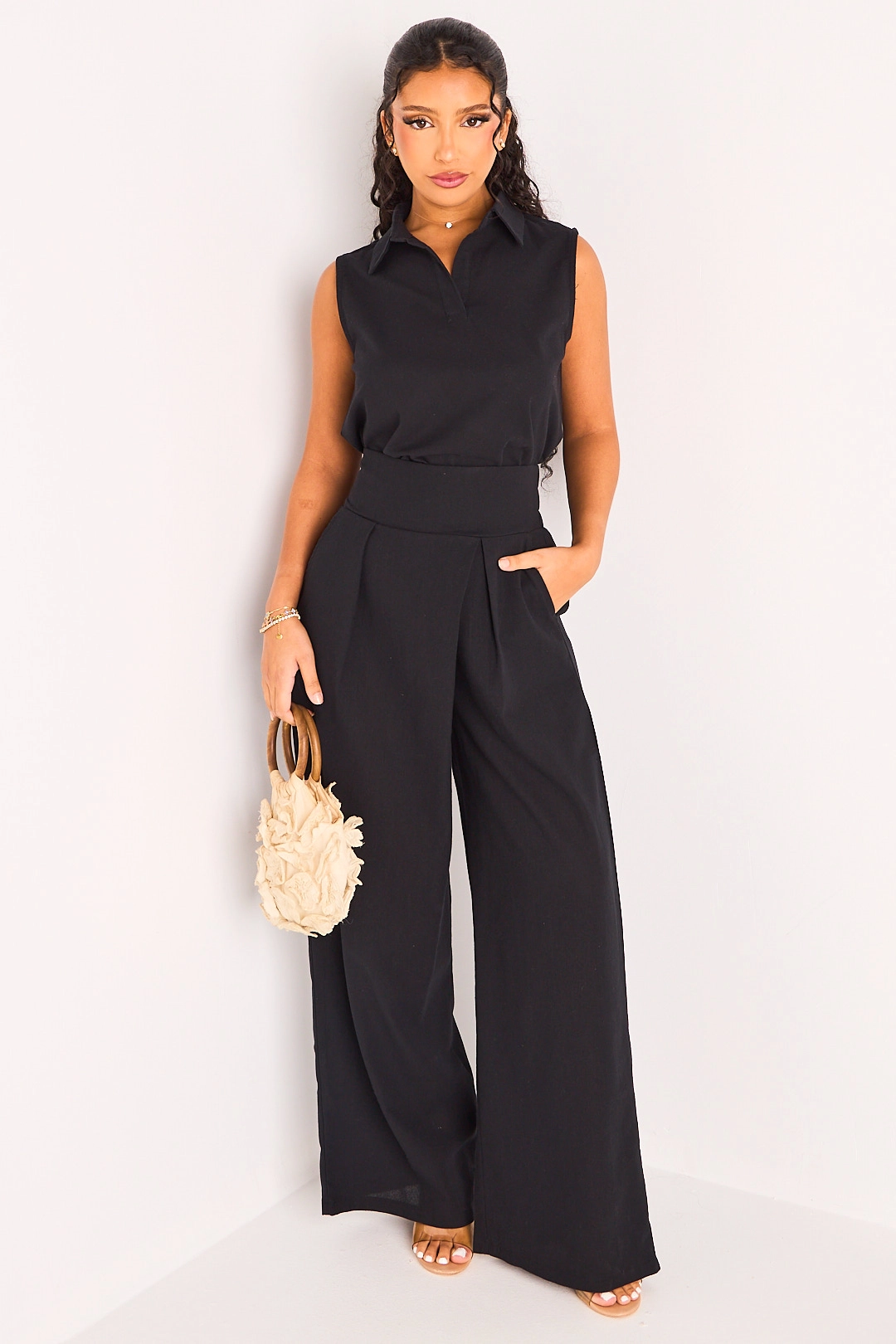 Ensemble deux pièces pantalon + débardeur de couleur noir à effet lin