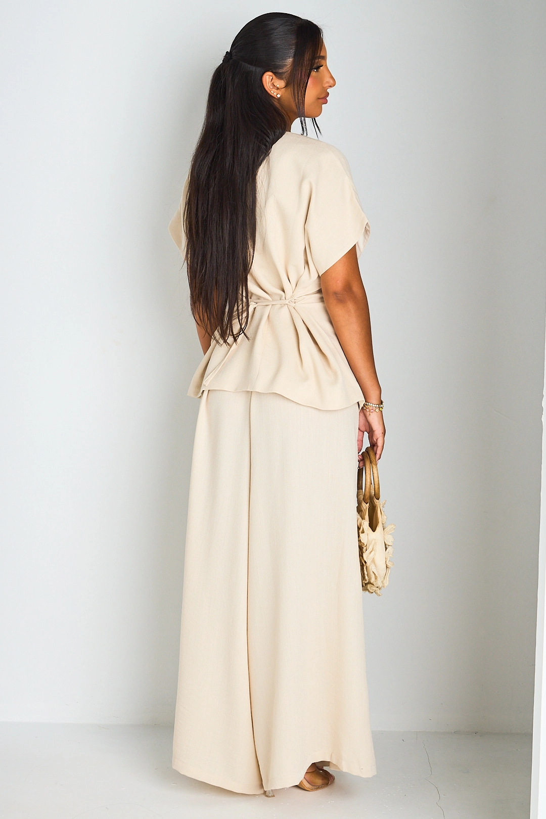 Ensemble deux pièces beige veste manches courtes + pantalon