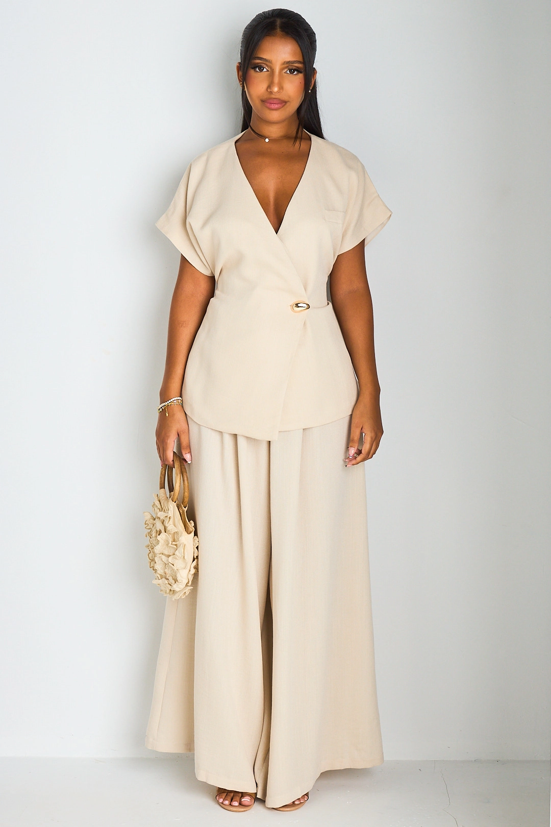 Ensemble deux pièces beige veste manches courtes + pantalon