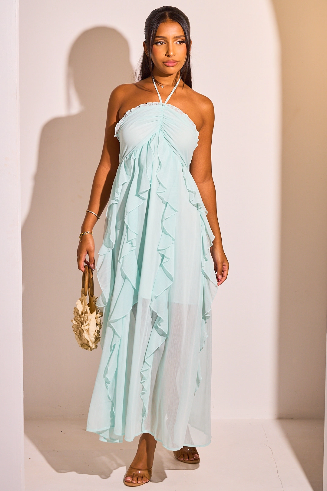 Robe dos nu à volants de couleur vert d'eau
