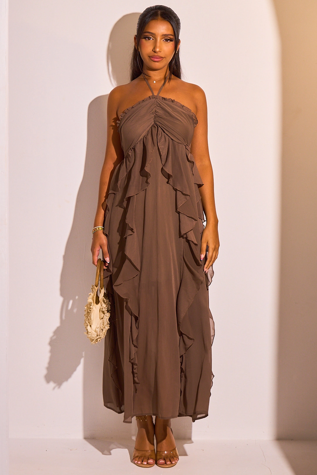 Robe dos nu à volants de couleur marron