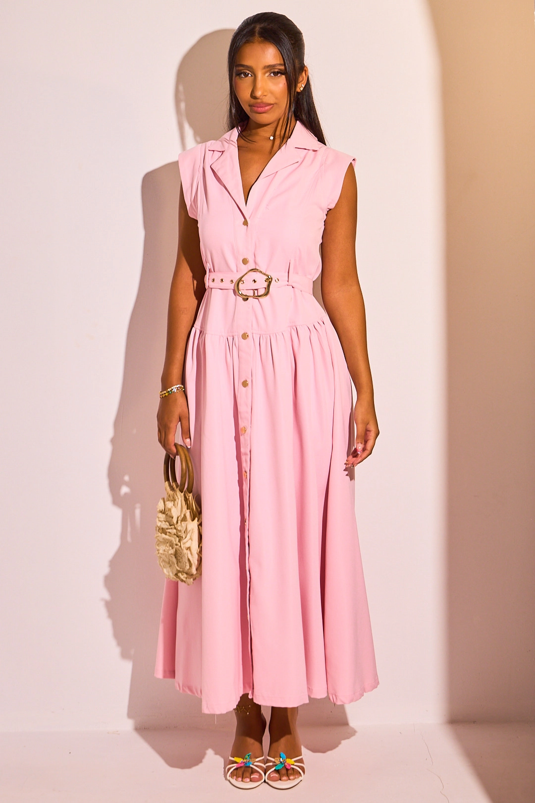 Robe chemise ceinturée rose