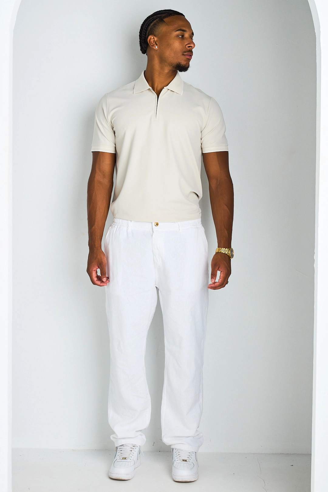 Pantalon blanc effet lin à coupe droite