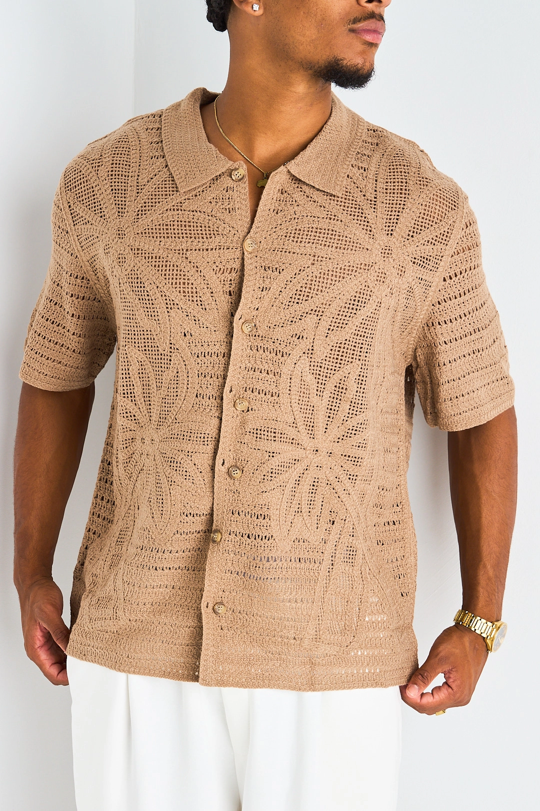 Chemise ajourée en maille à motif taupe