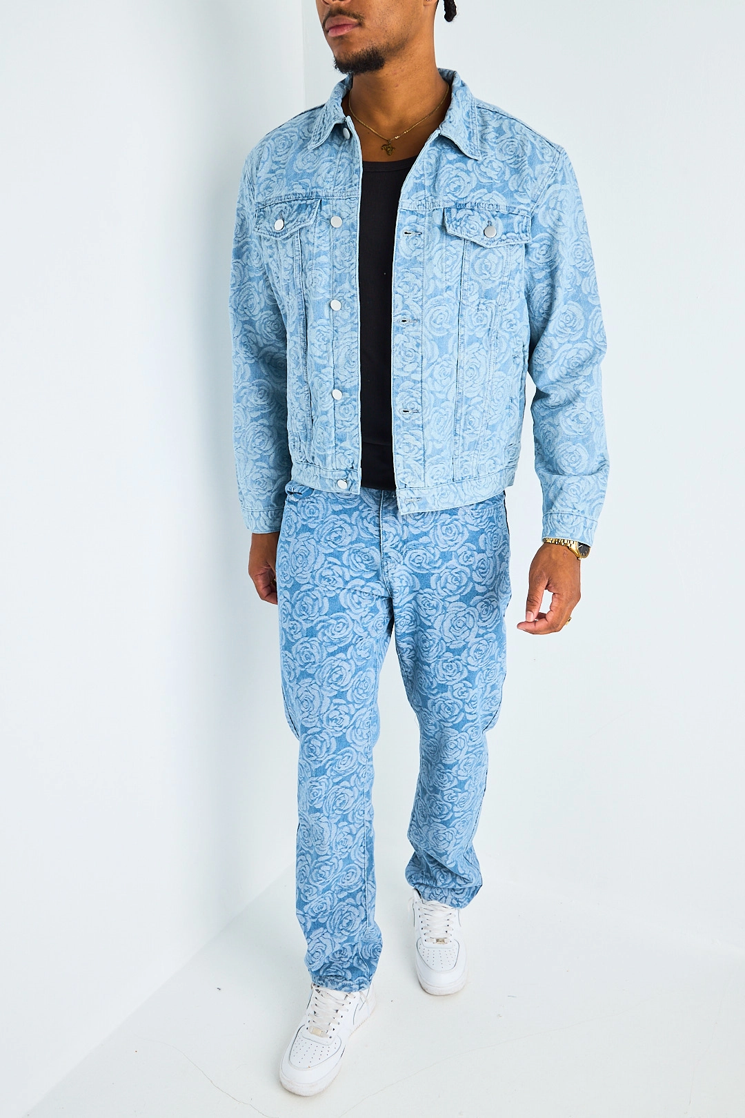 Ensemble 2 pièces veste + jean à motif rose bleu clair