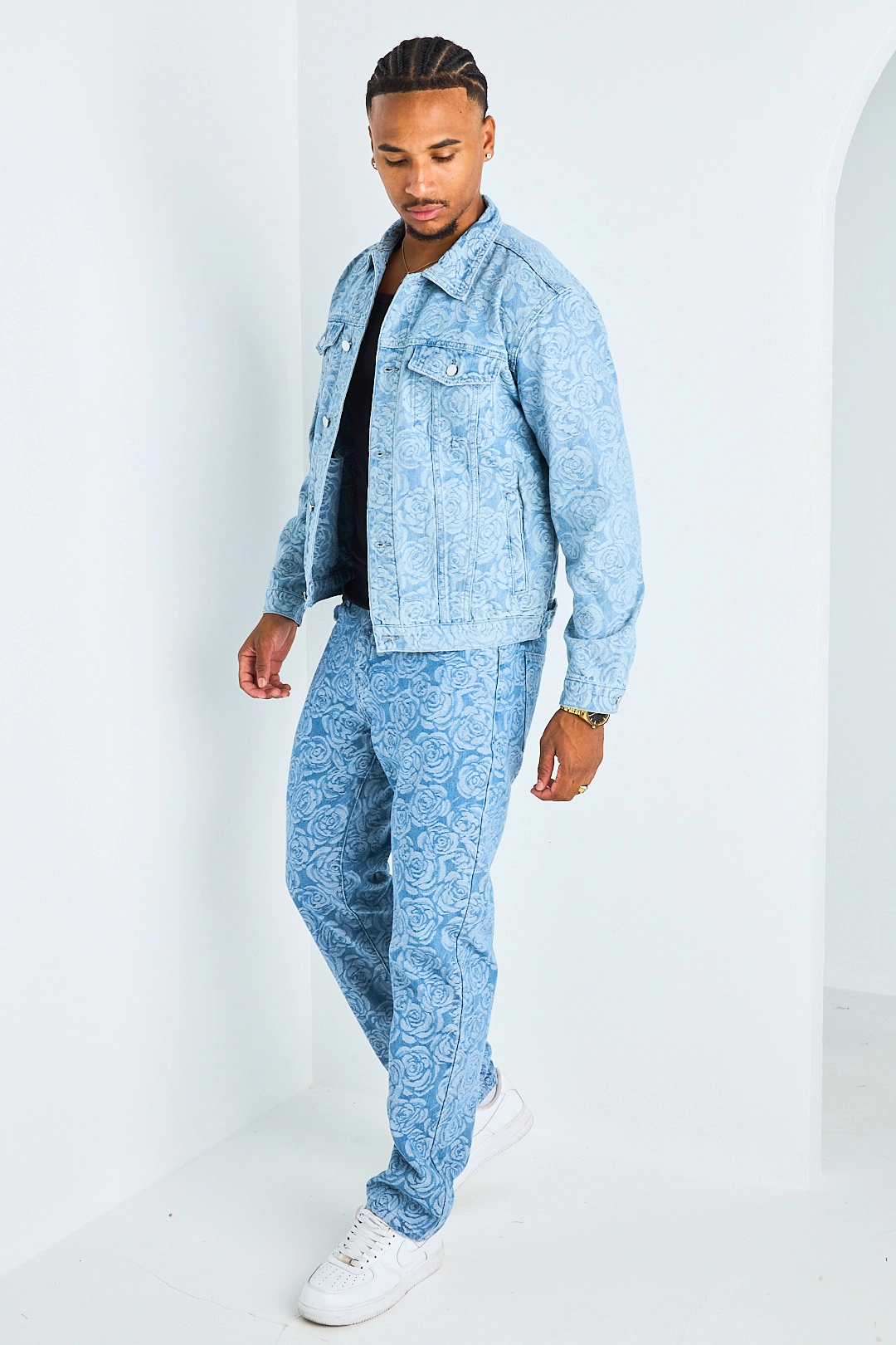 Ensemble 2 pièces veste + jean à motif rose bleu clair