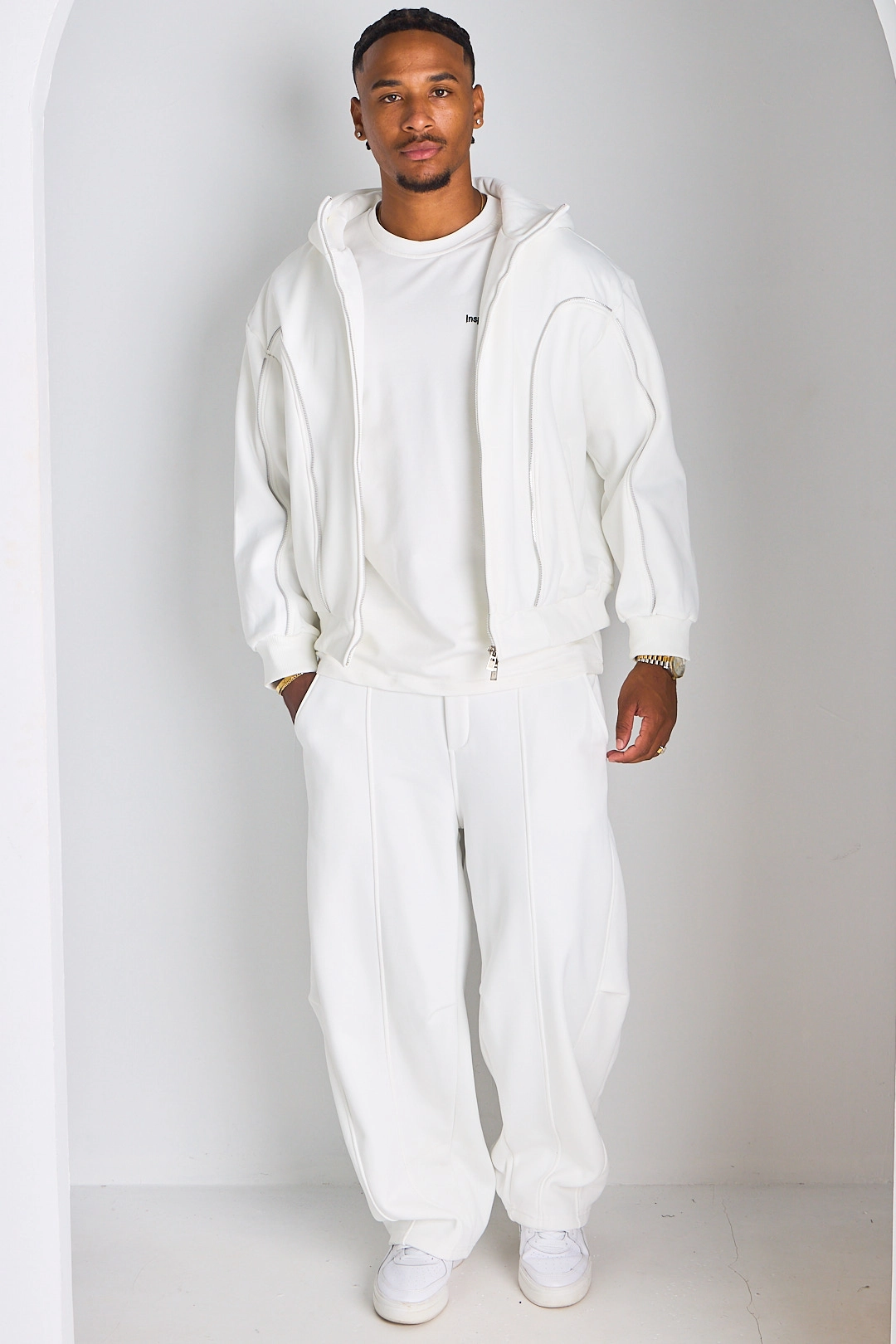 Ensemble 2 pièces : veste + jogging blanc à empiècement zip