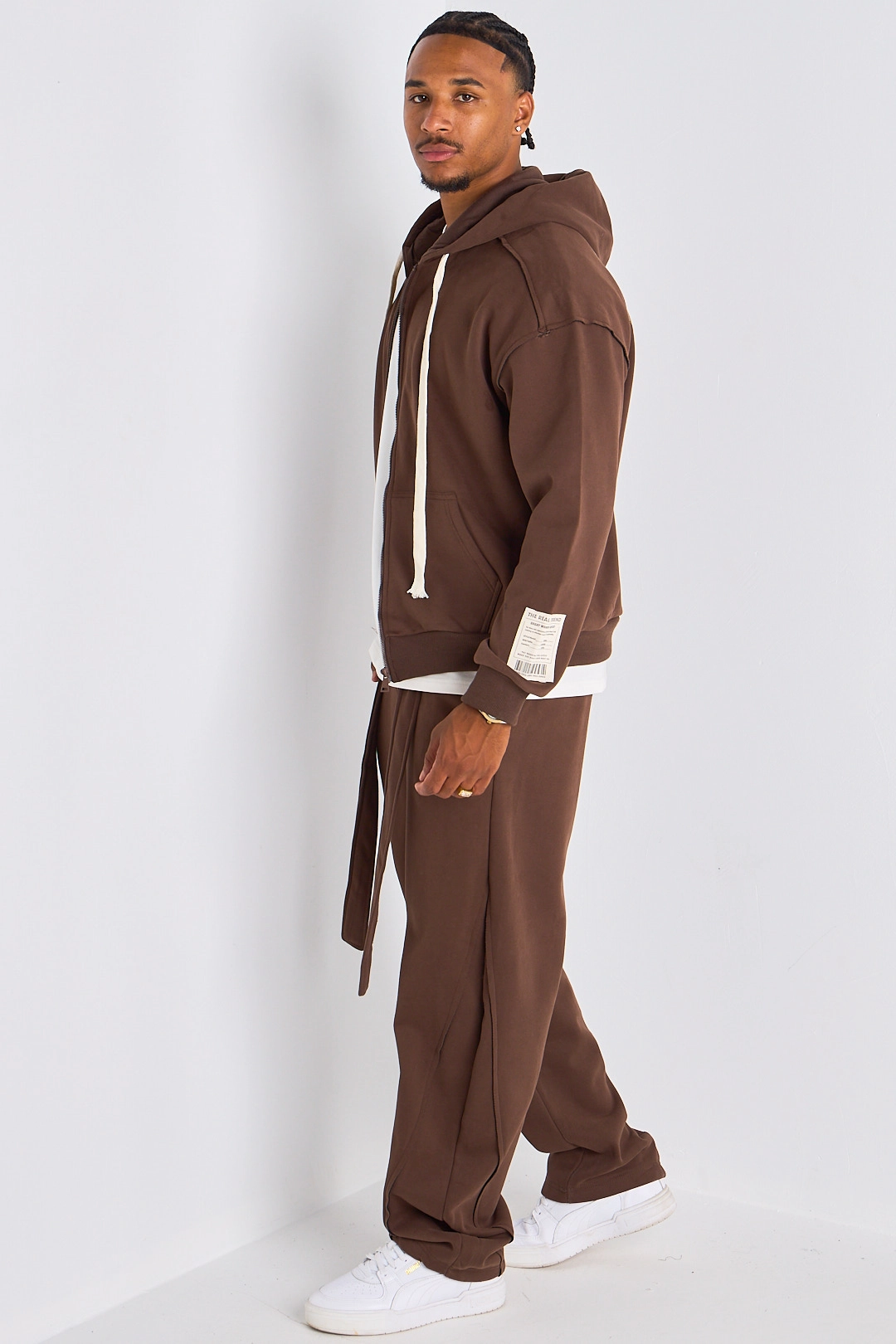 Ensemble 2 pièces : Veste à imprimé au dos  + jogging marron ceinturé