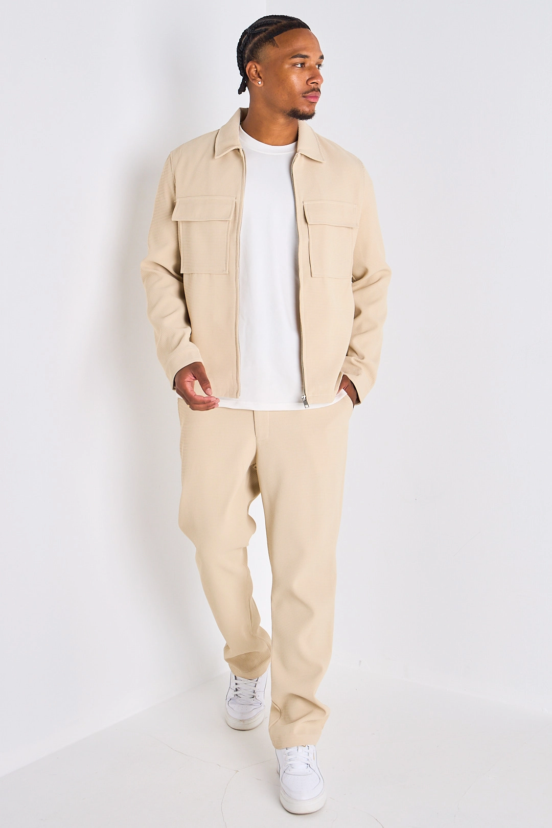 Ensemble 2 pièces : veste + pantalon gaufré beige