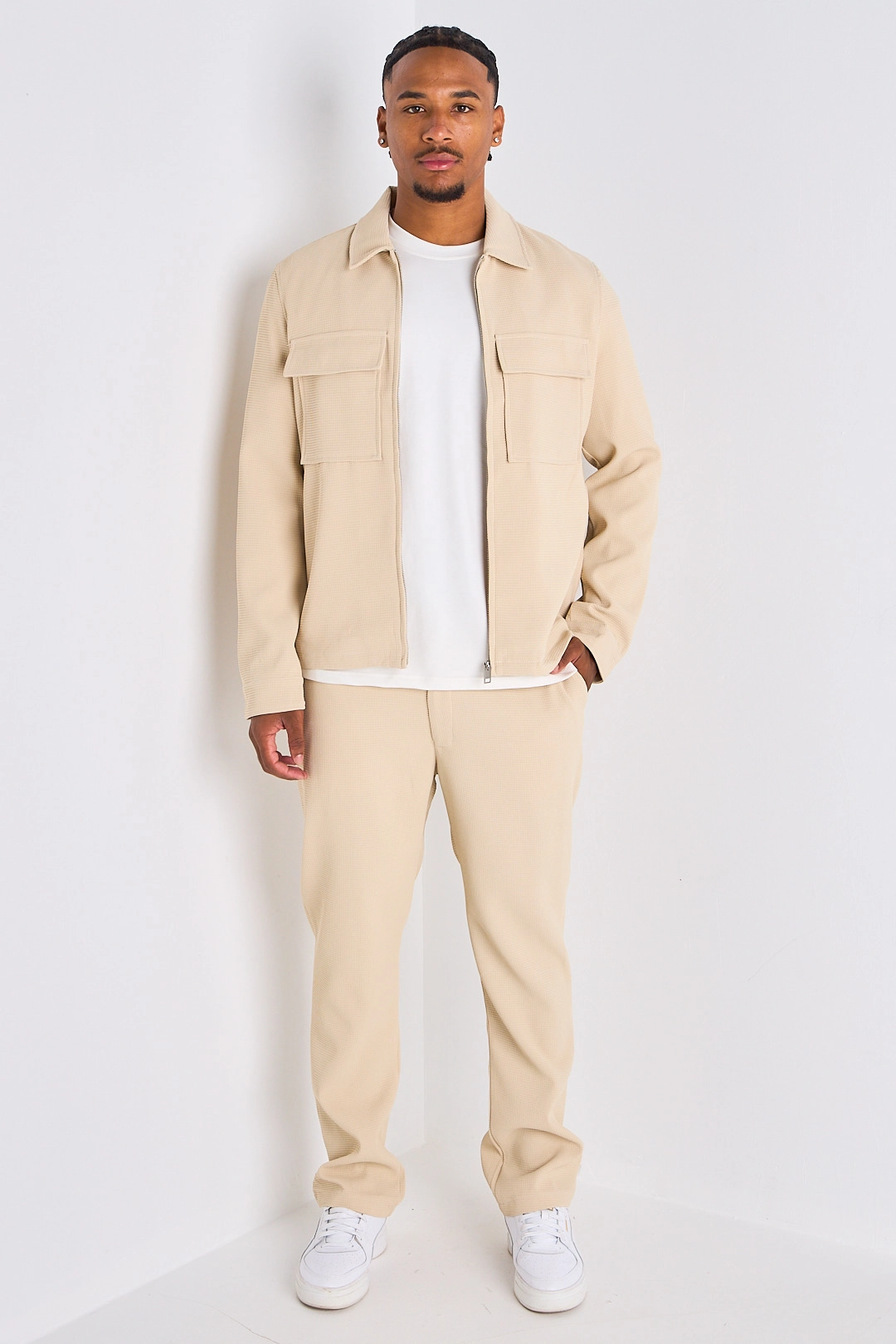 Ensemble 2 pièces : veste + pantalon gaufré beige