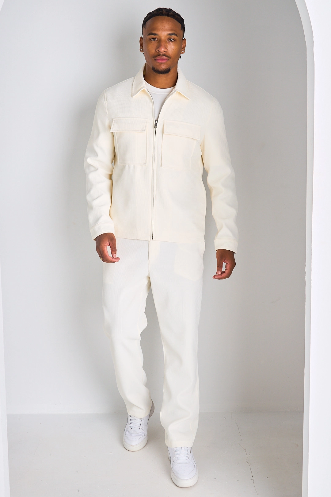 Ensemble 2 pièces : veste + pantalon gaufré blanc