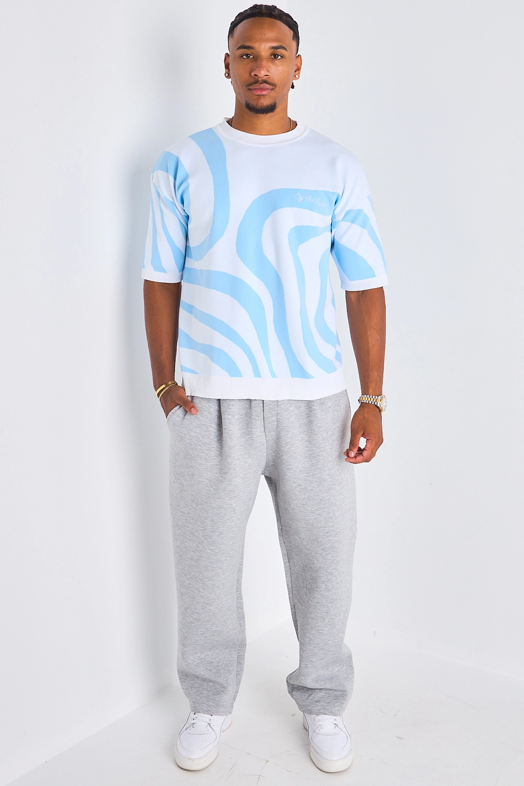 Pull à manches courtes bicolore blanc et bleu
