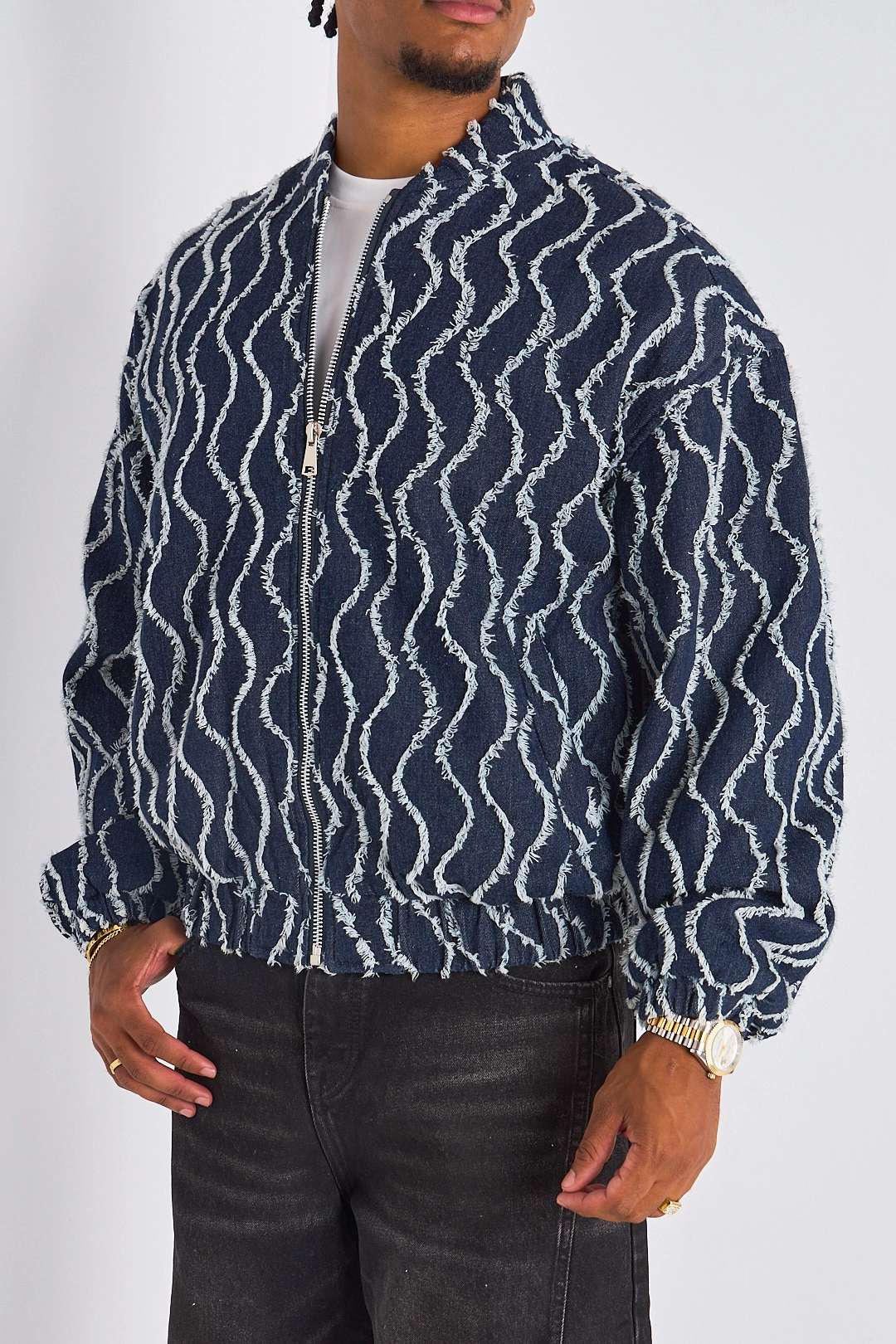 Bomber bleu marine à motif ondulé effet effiloché