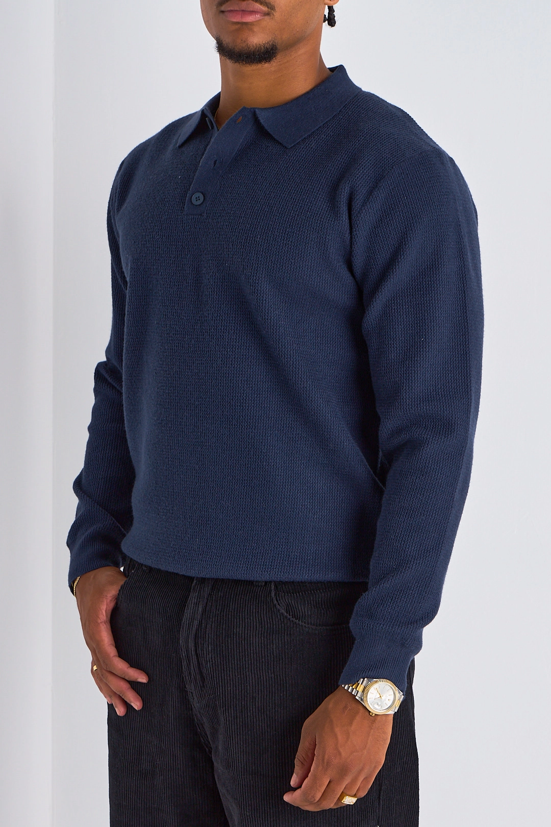 Polo bleu marine effet maille à manches longues et col rabat