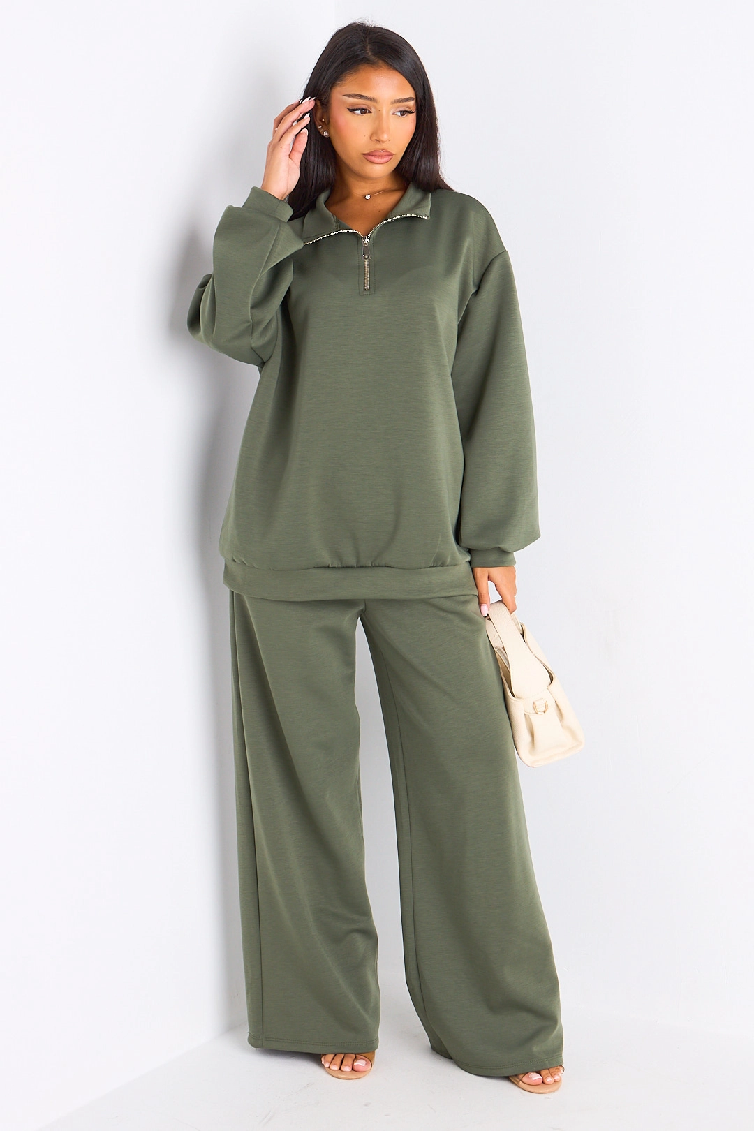 Ensemble deux pièces kaki pull + jogging coupe droite