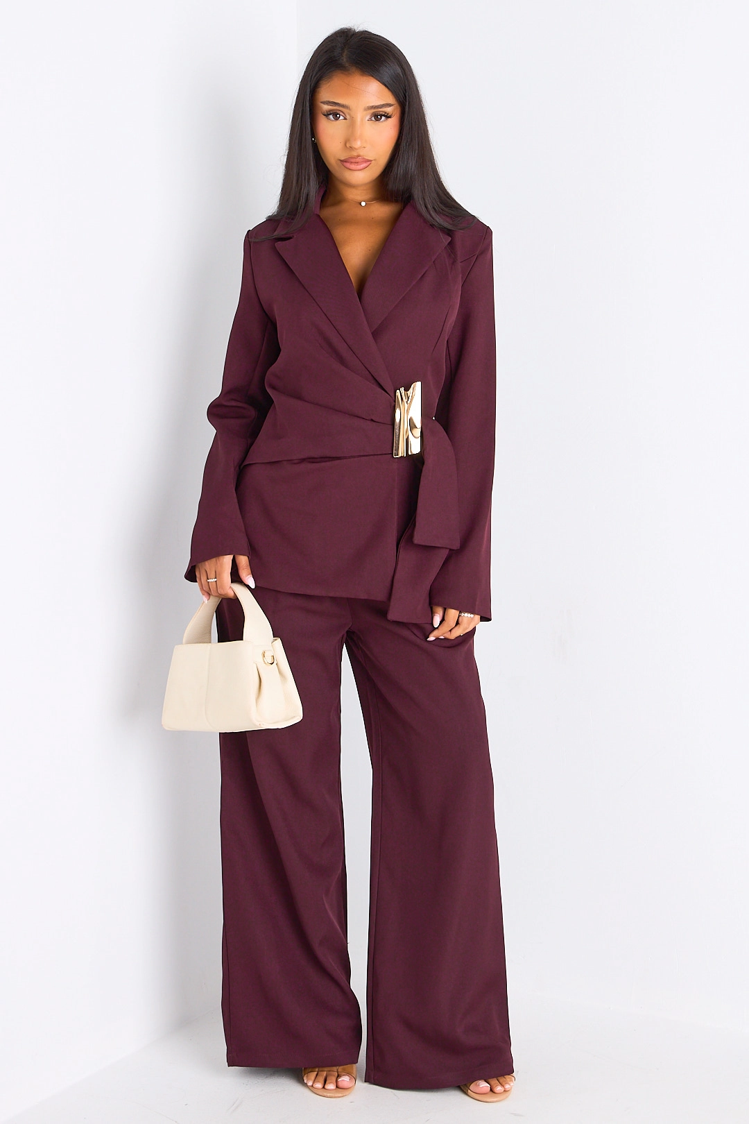 Ensemble tailleur deux pièces prune veste blazer à broche + pantalon
