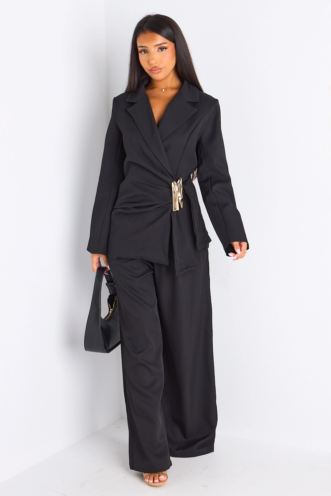 Ensemble tailleur deux pièces noir veste blazer à broche + pantalon
