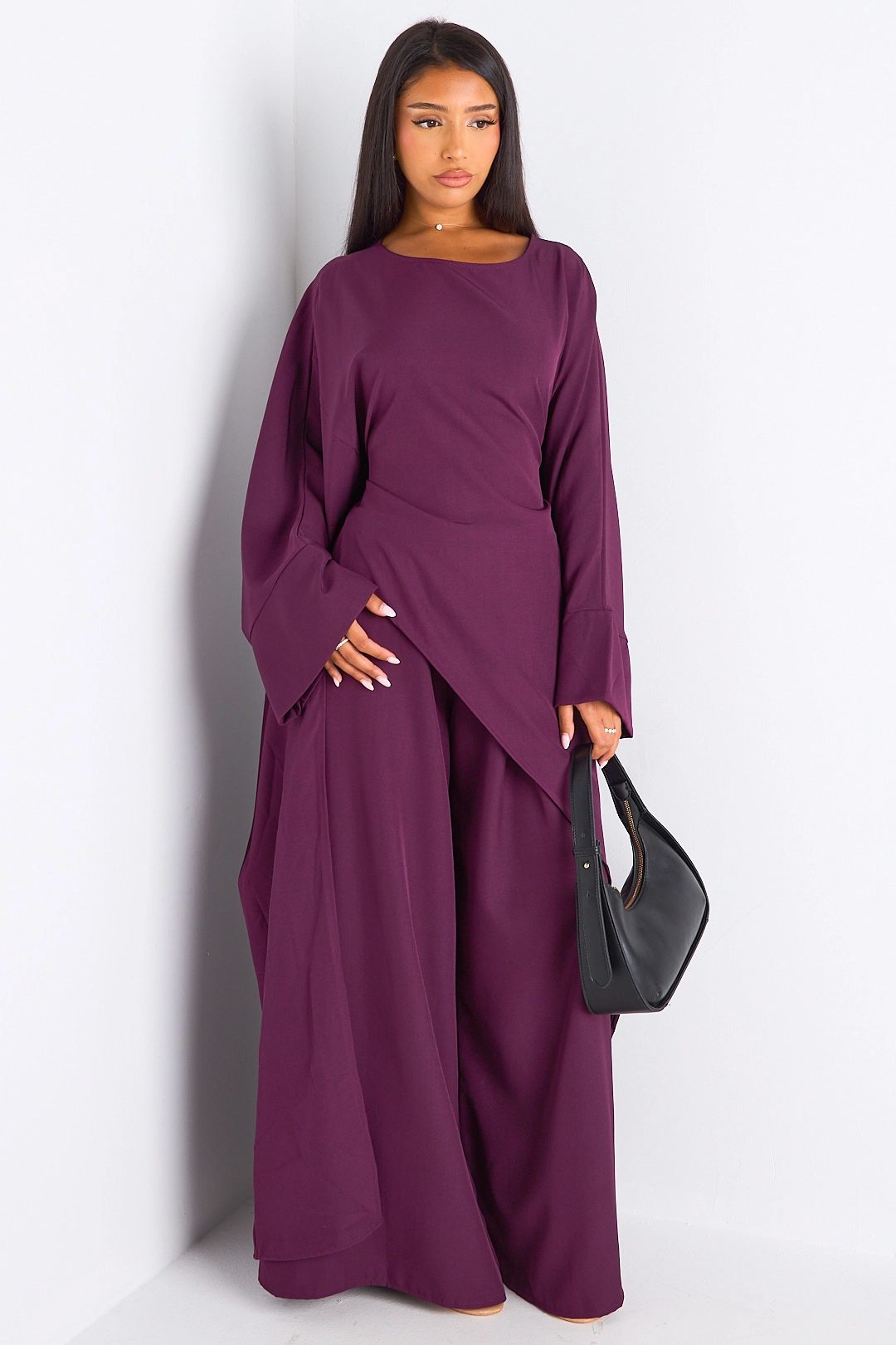 Ensemble deux pièces prune longue blouse asymétrique + pantalon coupe droite
