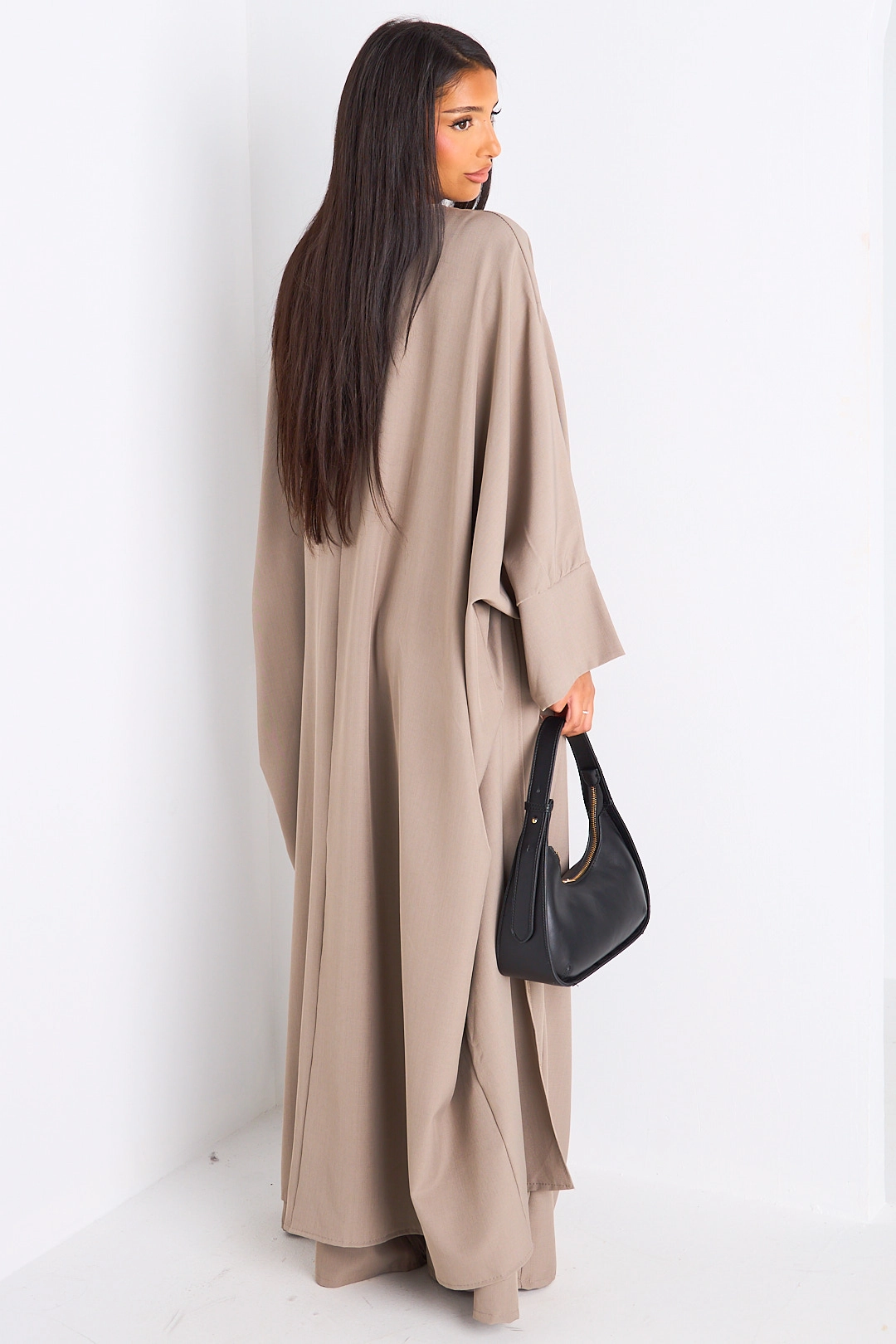 Ensemble deux pièces taupe longue blouse asymétrique + pantalon coupe droite