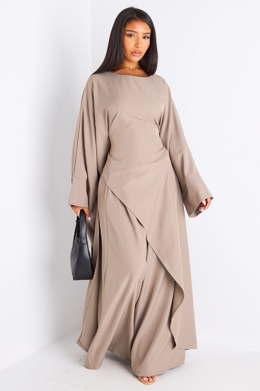 Ensemble deux pièces taupe longue blouse asymétrique + pantalon coupe droite