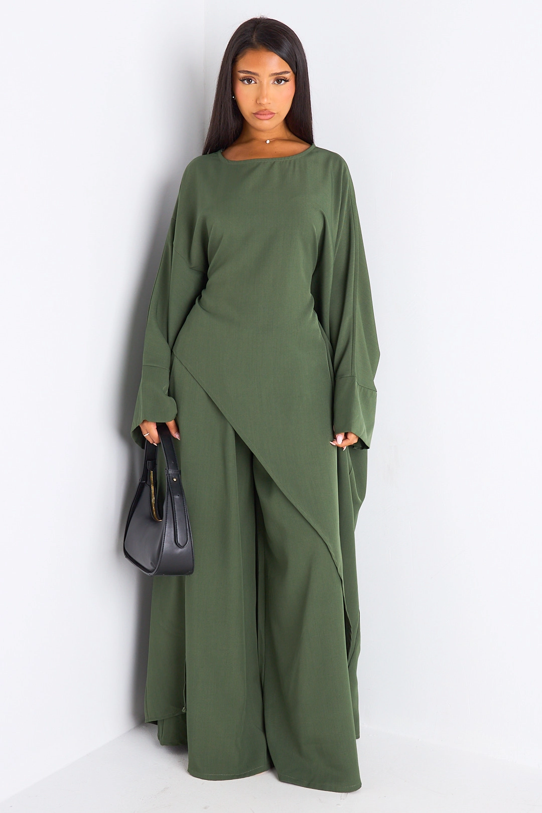 Ensemble deux pièces kaki longue blouse asymétrique + pantalon coupe droite