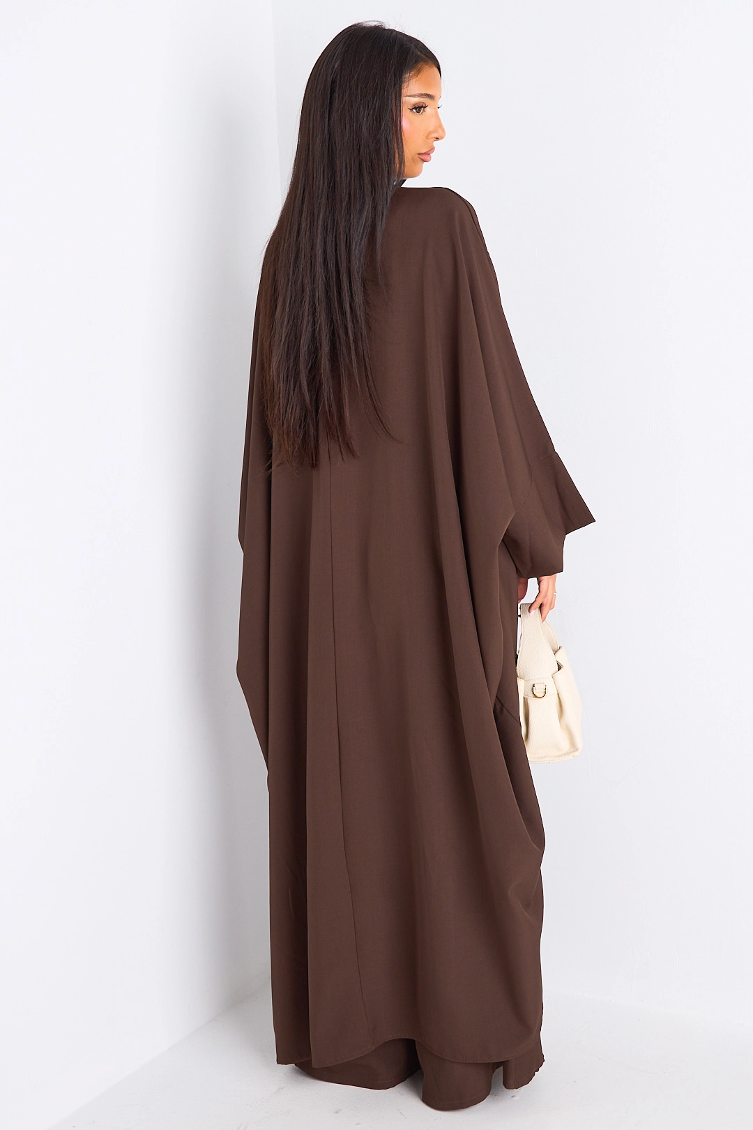 Ensemble deux pièces marron longue blouse asymétrique + pantalon coupe droite