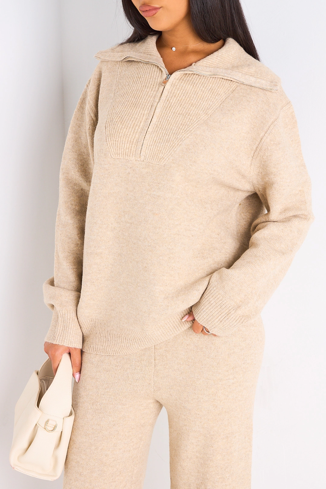 Ensemble deux pièces taupe pull + jogging coupe droite en laine