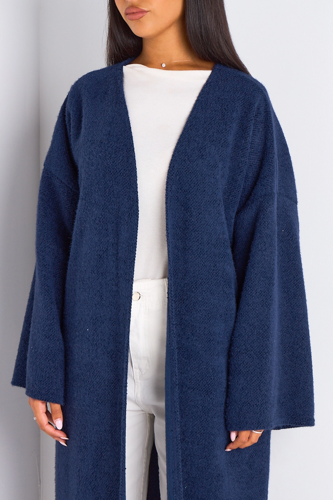 Cardigan bleu marine long à coupe fluide et ouverte