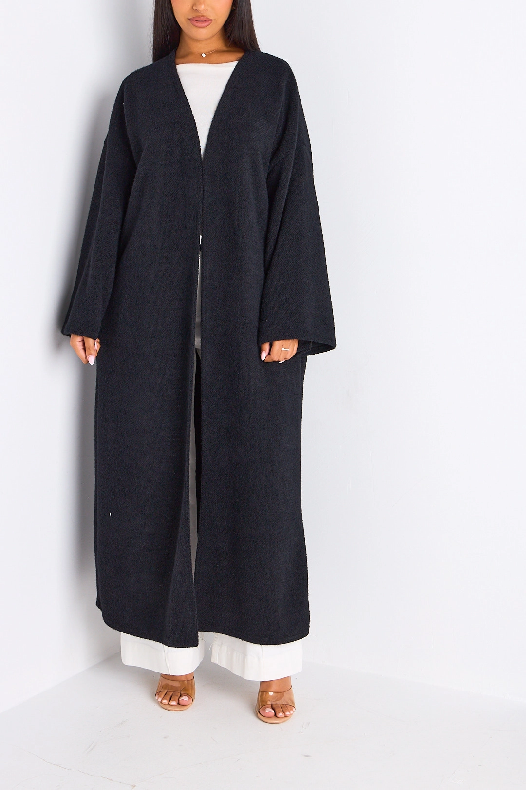 Cardigan noir long à coupe fluide et ouverte