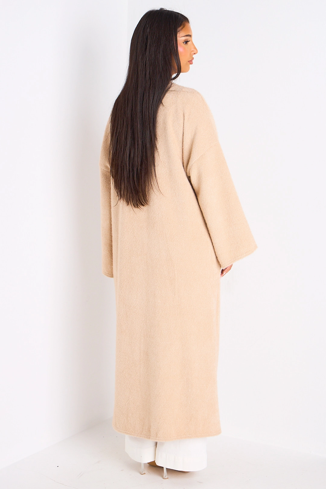 Cardigan beige long à coupe fluide et ouverte