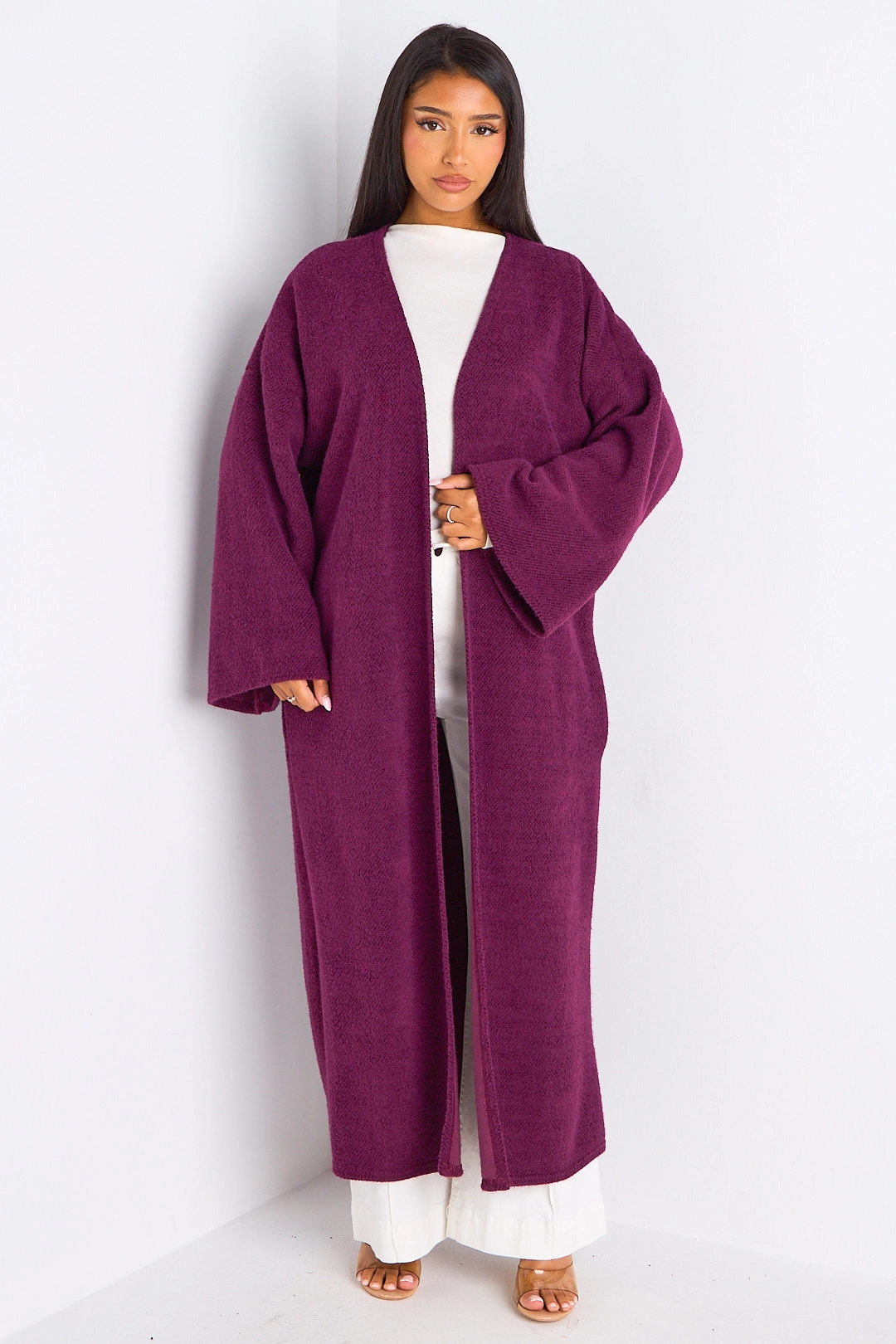 Cardigan prune long à coupe fluide et ouverte