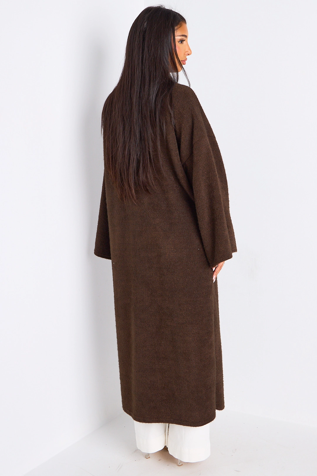 Cardigan marron long à coupe fluide et ouverte