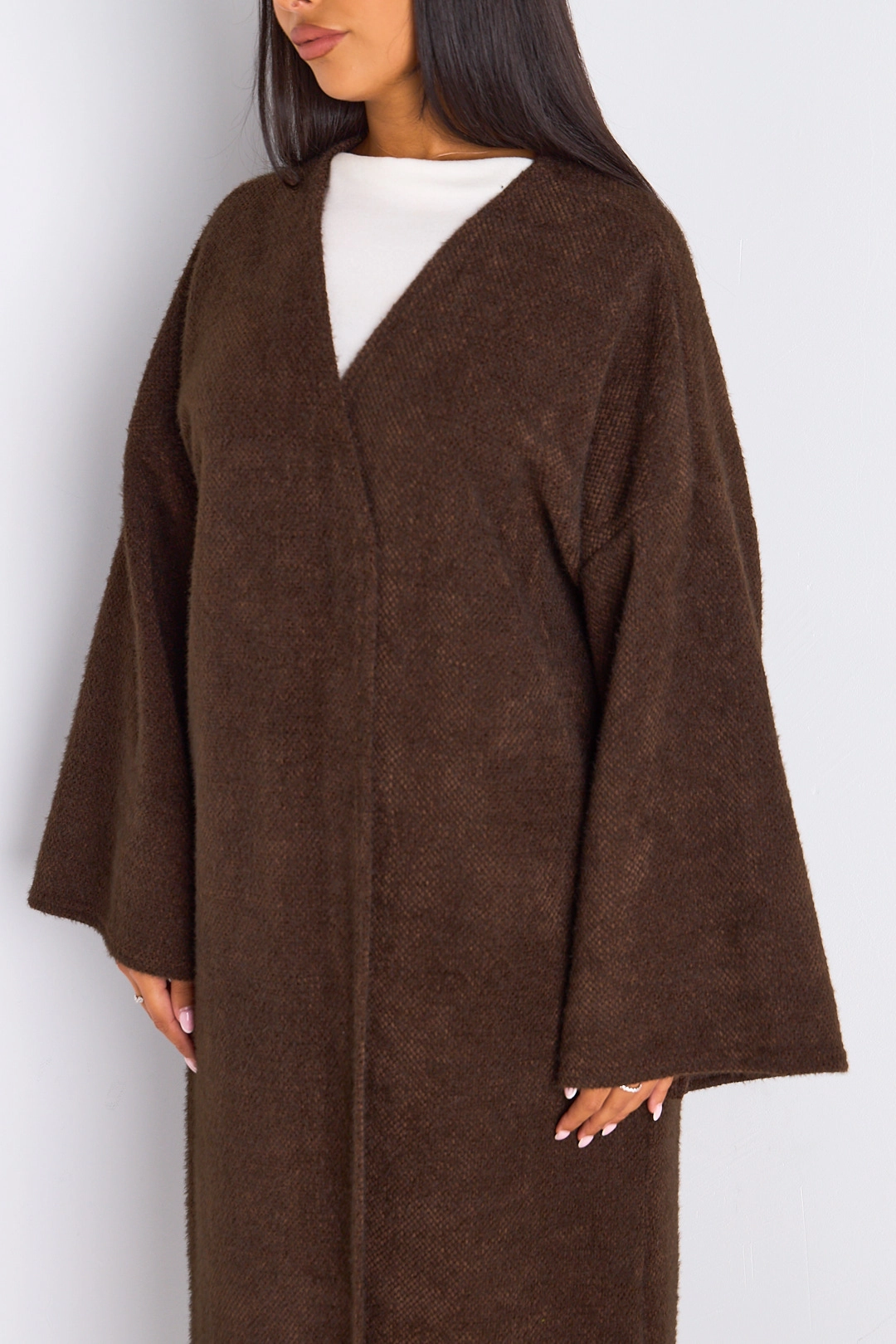 Cardigan marron long à coupe fluide et ouverte