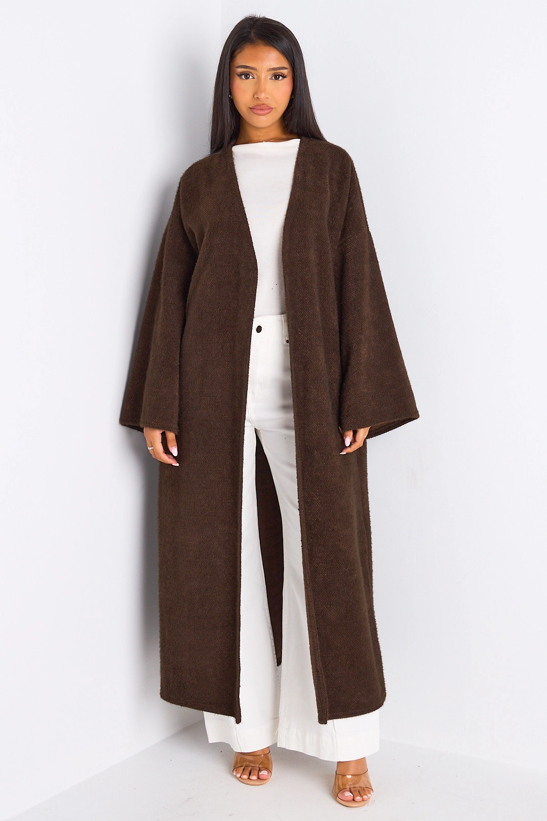 Cardigan marron long à coupe fluide et ouverte