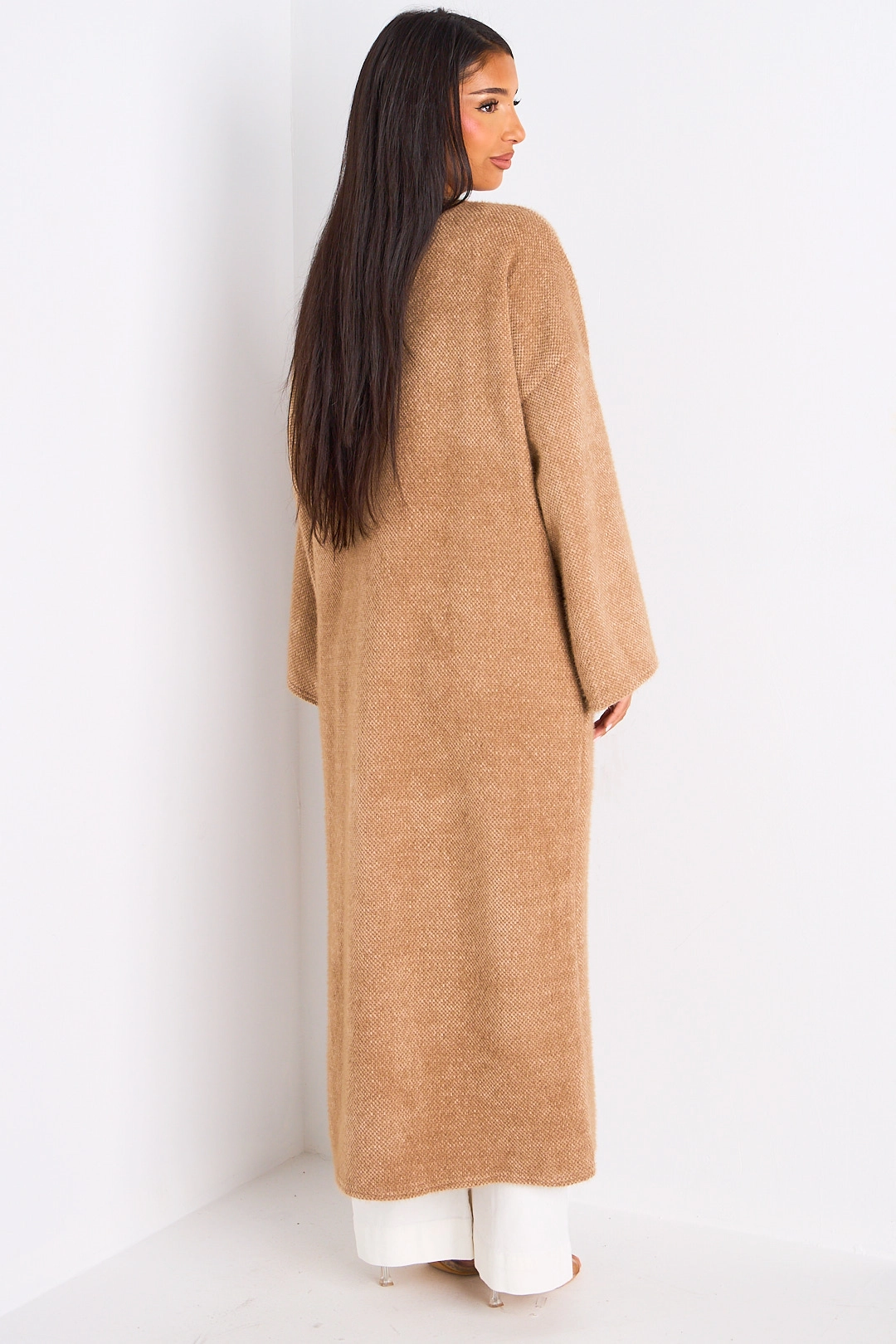 Cardigan taupe long à coupe fluide et ouverte