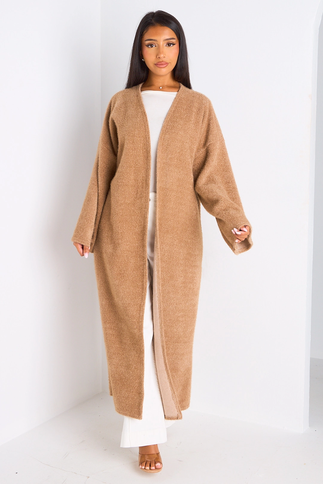 Cardigan taupe long à coupe fluide et ouverte