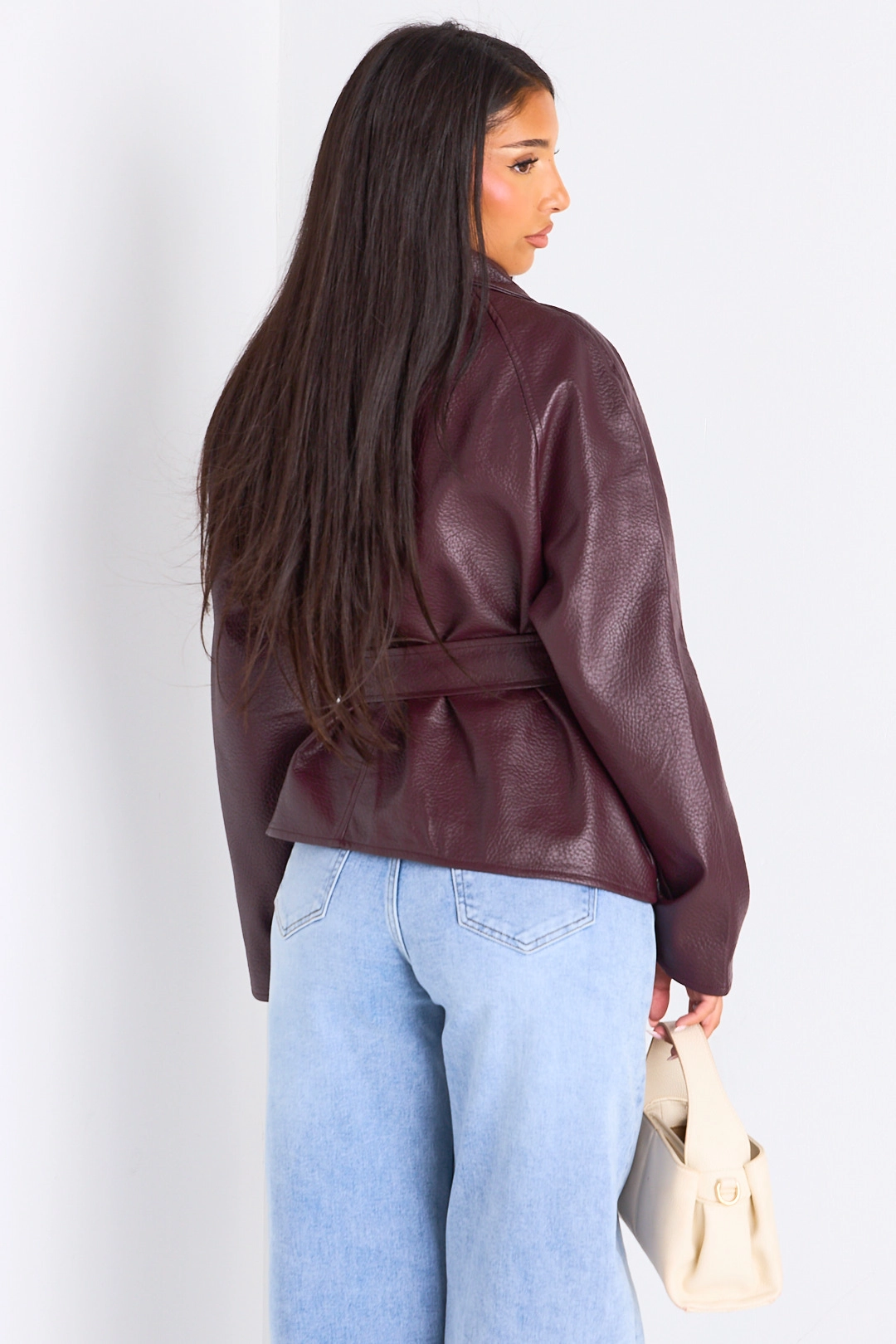 Veste mi-longue en simili cuir prune