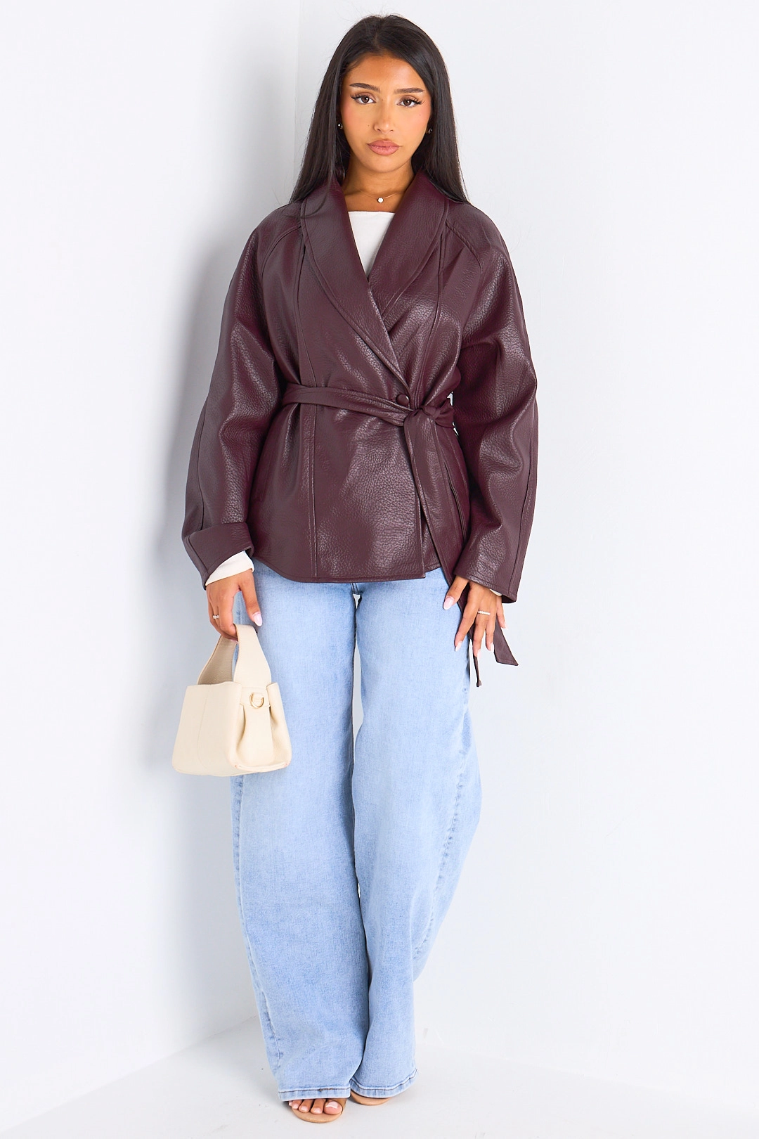 Veste mi-longue en simili cuir prune