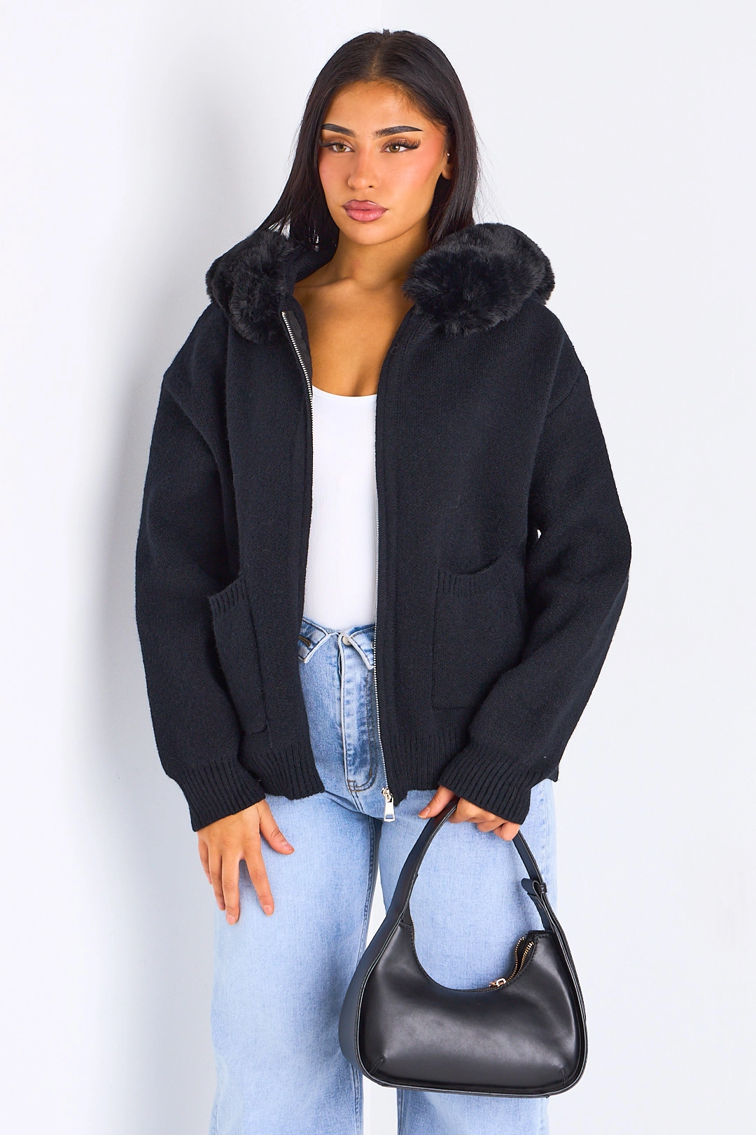 Gilet en maille à capuche fourrée noir