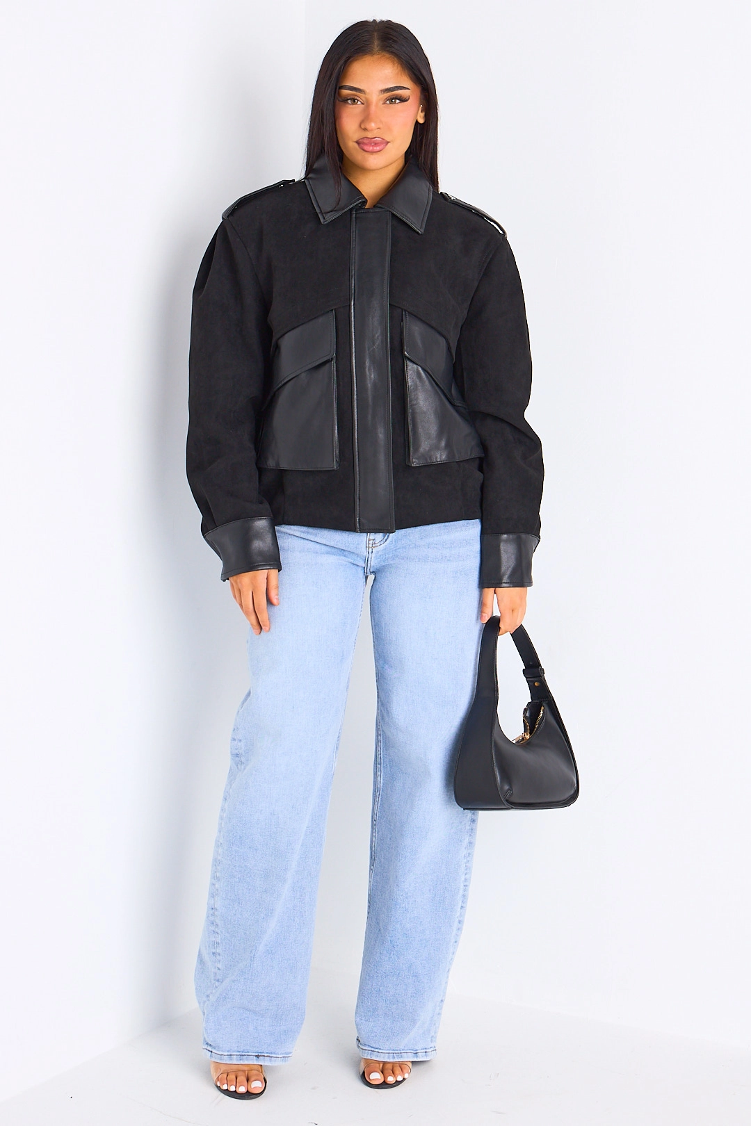 Veste en simili cuir bi-matière noire