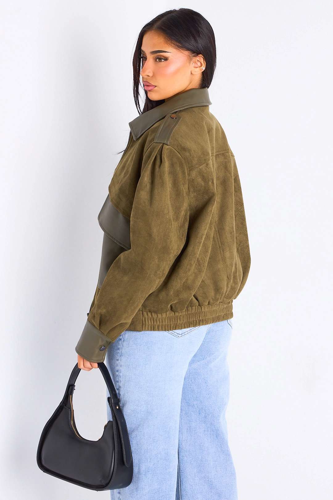 Veste en simili cuir bi-matière kaki