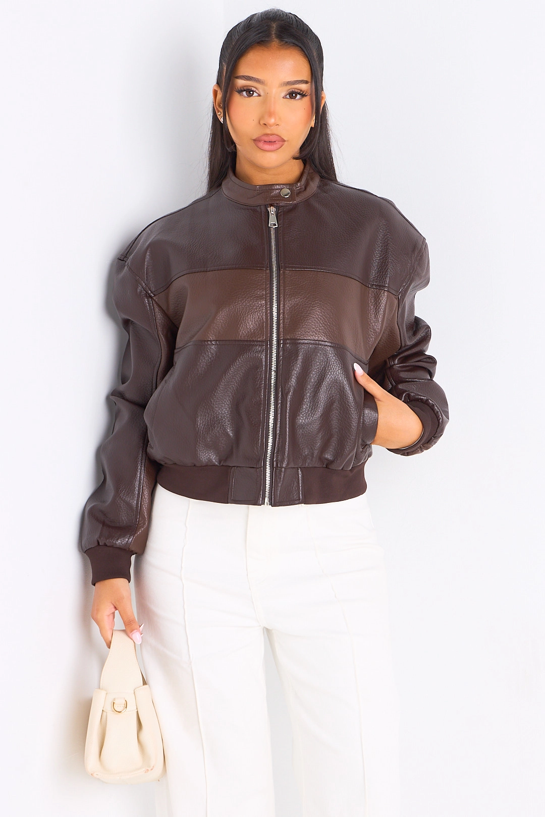 Veste en simili cuir bicolore marron
