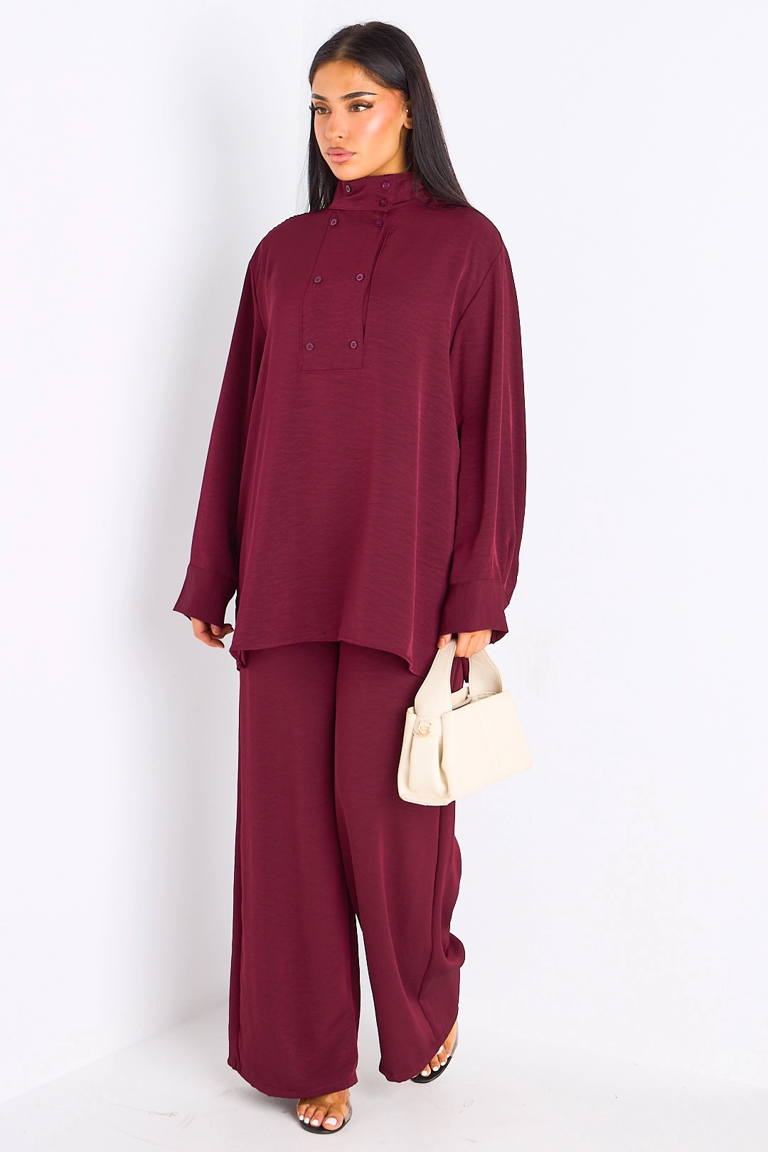 Ensemble 2 pièces : blouse + pantalon prune