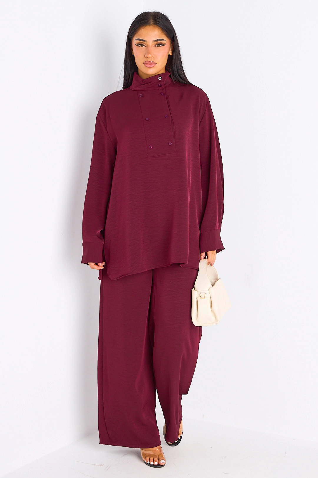 Ensemble 2 pièces : blouse + pantalon prune
