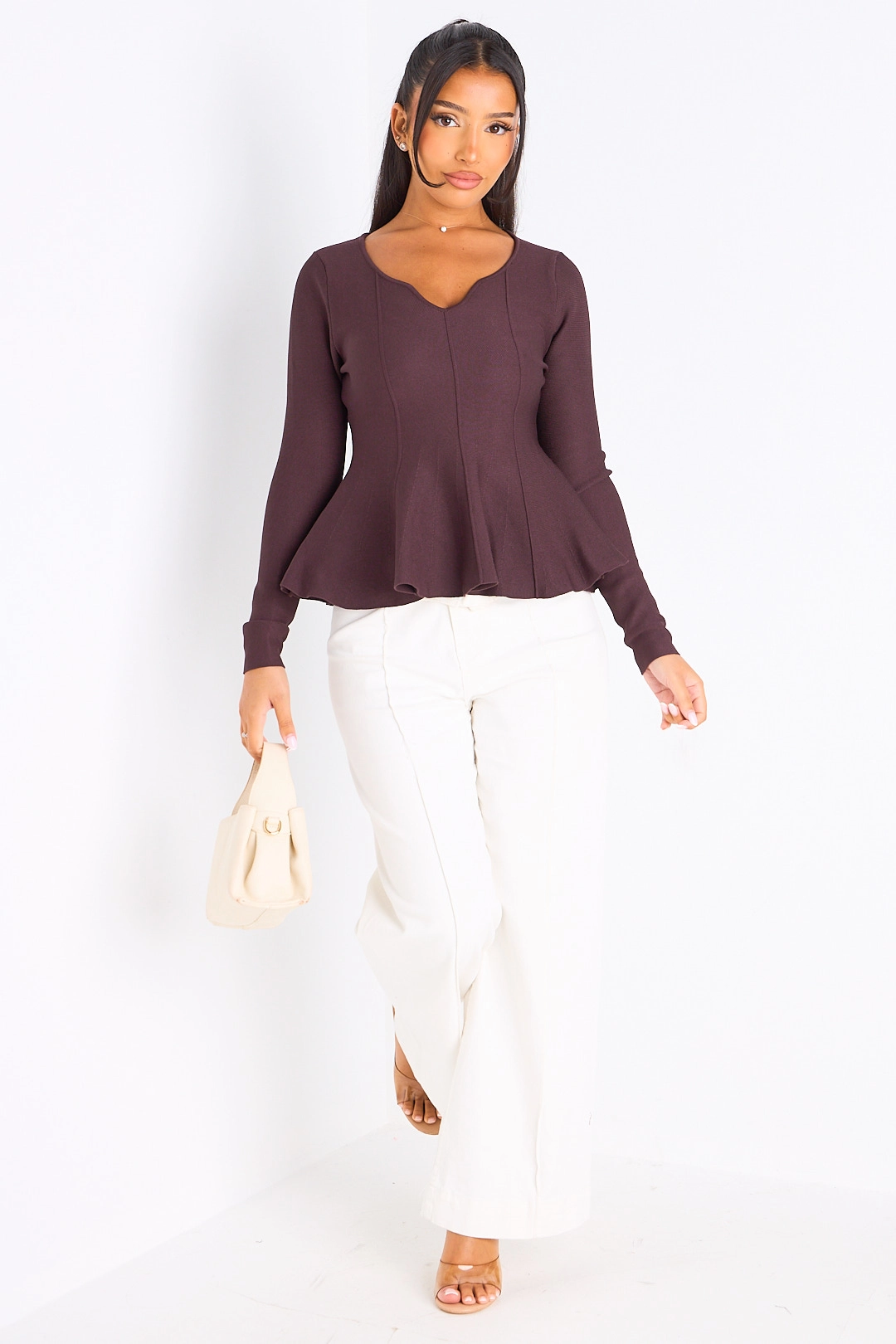 T-shirt manches longues évasé sur les hanches marron